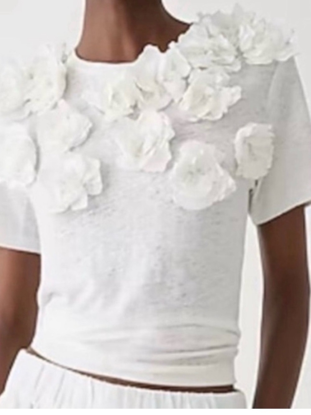 J. Crew White Linen Tee with 3D Floral Appliqués